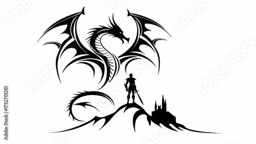 Epic dragon and warrior silhouette, powerful fantasy art for games, book covers, and creative projects