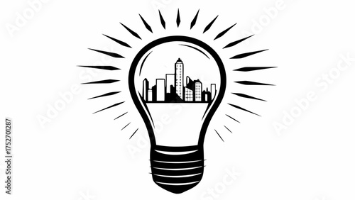 Modern city skyline inside a bright idea lightbulb, innovative urban planning concept