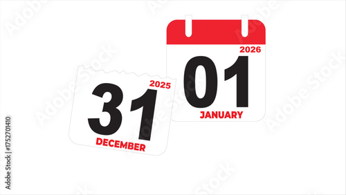 Calendar pages showing december 31st 2025 and january 1st 2026 for new years eve and new years day celebrations. Festive and practical design for event planning.