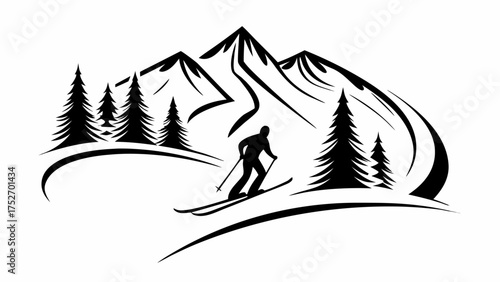 Skiing adventure in mountain landscape art, perfect for winter sports and outdoor lifestyle designs