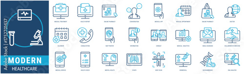 MODERN HEALTHCARE Icon Set containing medical treatment, health report, online pharmacy, conversation, medical app, medical appointment icons. Outline duo tone style collections.