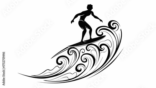 Dynamic surfer riding the wave crest, stylized design for sports brand or summer event promotions