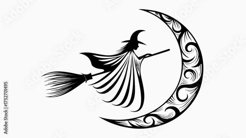 Whimsical witch flying on a broomstick across the moon, perfect for Halloween designs and spooky promotions