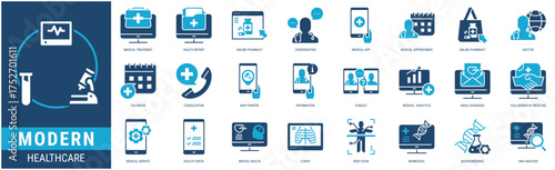 MODERN HEALTHCARE Icon Set containing medical treatment, health report, online pharmacy, conversation, medical app, medical appointment icons. Glyph duo tone style collections.