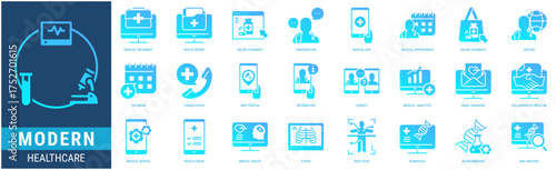 MODERN HEALTHCARE Icon Set containing medical treatment, health report, online pharmacy, conversation, medical app, medical appointment icons. Glyph gradient style collections.