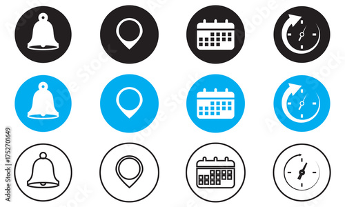 Notification, location, time, and calendar icon. Collection of colorful and outline icons showing bell, map pin, clock, and calendar symbols used for reminders, scheduling, and navigation.

