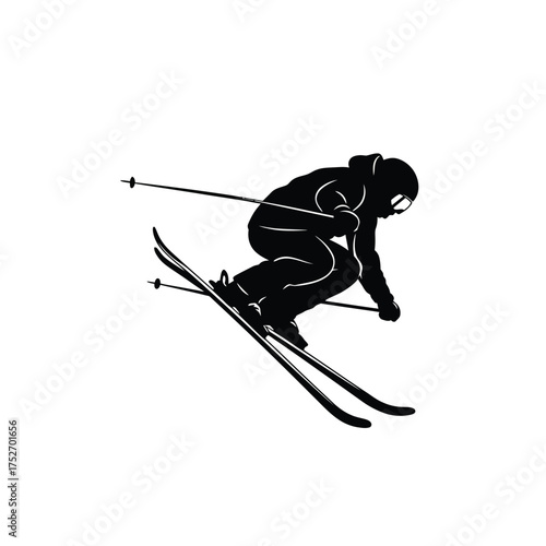 Dynamic silhouette of a skier descending a snowy slope with poles silhouette
