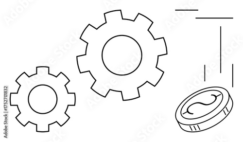 Two interlocking gears with a falling coin showcasing concepts of teamwork, financial systems, mechanical operations, or innovation. Ideal for business, industry, economy, teamwork, innovation