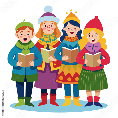 Colorful vector illustration of carol singers in winter clothing