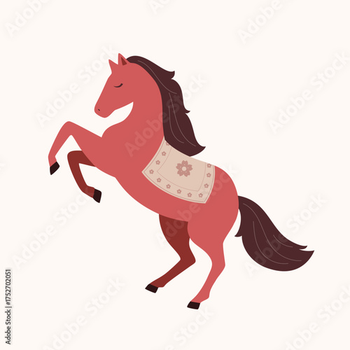 A red horse rearing up dynamically, flat style hand drawn illustration