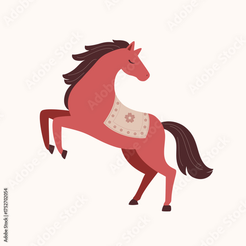 A red horse rearing up dynamically, flat style hand drawn illustration