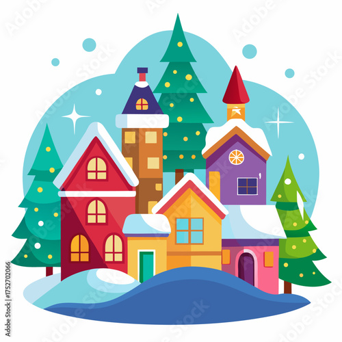 Colorful christmas village scene with snow