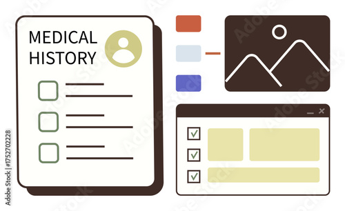 Medical history document with profile icon, checkboxes, and data visualization panel. Ideal for healthcare, medical records, patient info, technology, data analysis, organization simple flat