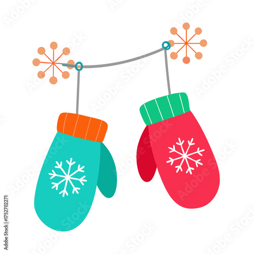 Colorful winter mittens hanging on a clothesline vector design