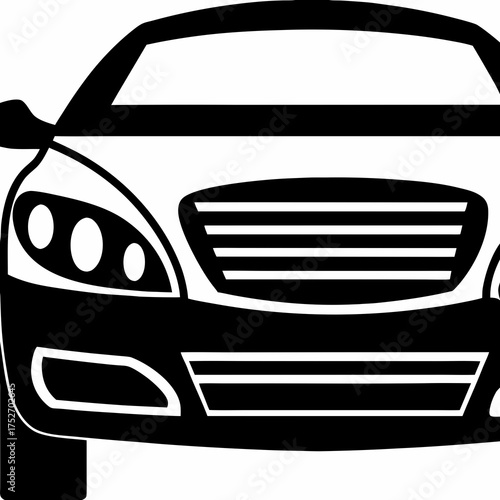 Black and white close-up illustration of the front of a modern car Keywords: car, automobile, vehicle, transportation, front view, Modern car vector illustration Flat car icon Urban vehicle vector