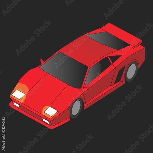 Red sports car isometric illustration with dark background Keywords: red car, sports car, supercar, automobile, vehicle, Modern car vector illustration Flat car icon Urban vehicle vector