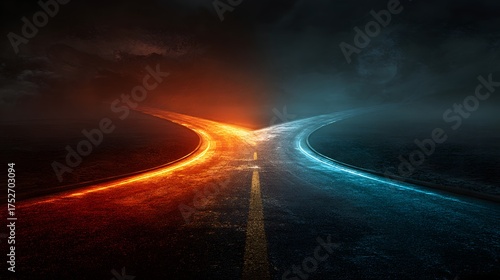Forked Road with Contrasting Glowing Blue and Red Paths Choice Concept
