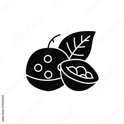 Black silhouette of passion fruit with leaf and seeds fresh tropical fruit icon silhouette