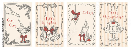 A collection of hand-drawn vintage Christmas and winter greeting cards. Minimalistic retro designs featuring candles, cake, bells, and champagne.