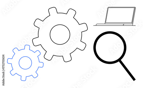Two interlocked gears, a laptop, and a magnifying glass symbolizing engineering, technology, research, productivity, analysis, business solutions and innovation. Ideal for concept strategy