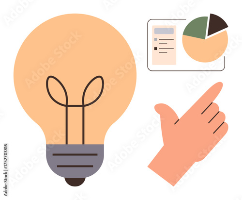 Lightbulb alongside pie chart and pointing hand symbolizing creativity, innovation, data, and decision-making. Ideal for business, analytics, brainstorming, education, marketing startups teamwork