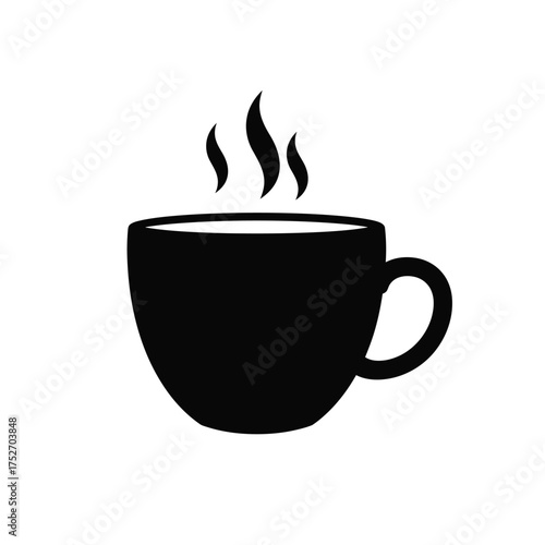 Simple silhouette of a steaming coffee cup with handle and hot beverage steam wisps silhouette
