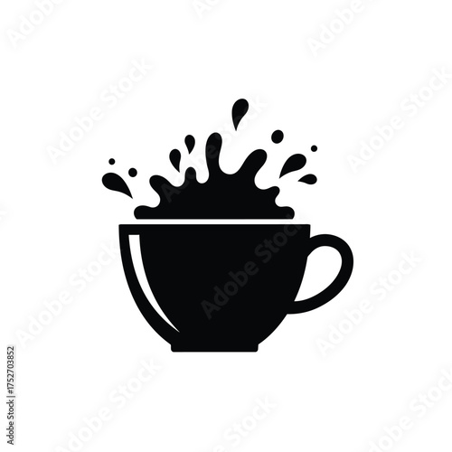 Black silhouette of a coffee cup with a dynamic liquid splash emanating upwards silhouette