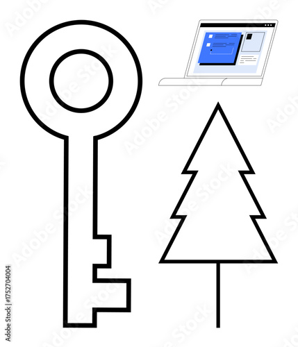 Large key, pine tree, and open laptop screen. Ideal for security, environment, technology, access, balance innovation and sustainability. Minimalist flat metaphor