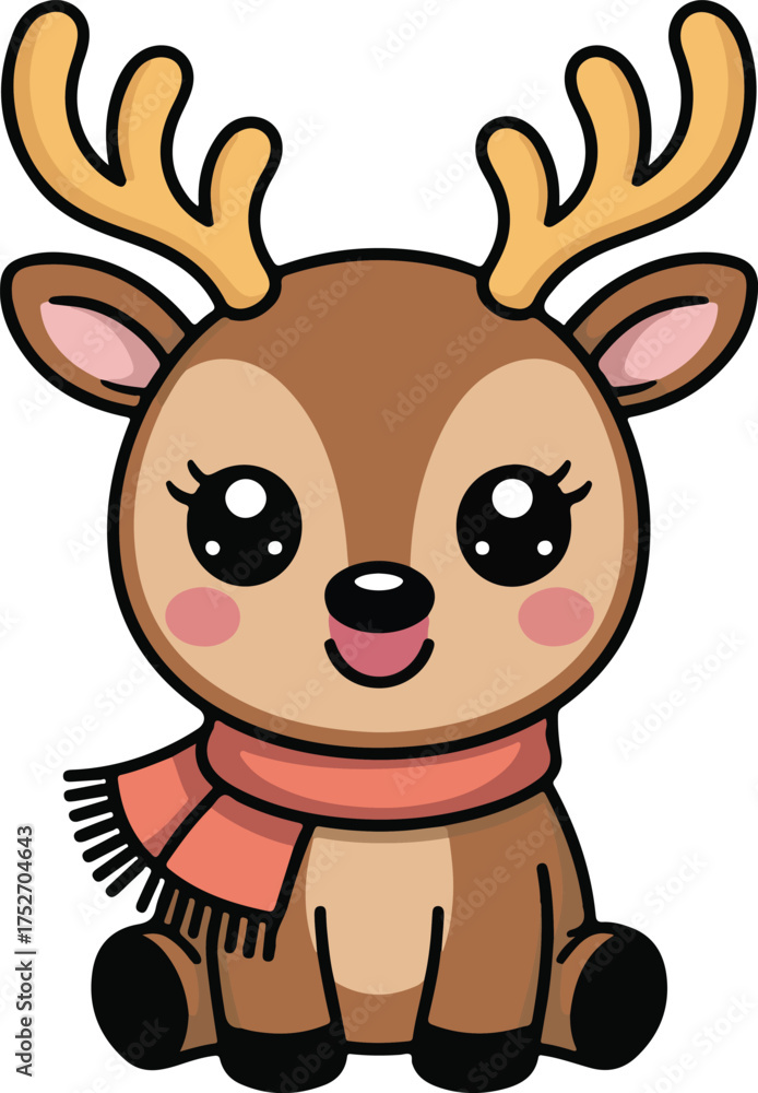 Fototapeta premium Kawaii Cream Reindeer with Scarf illustration, Christmas, Cute kawaii Sublimation, Xmas holiday character Design 