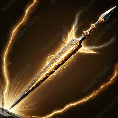 Mysterious glowing sword erupts with golden lightning and energy, creating a powerful fantasy weapon concept against a dark backdrop.