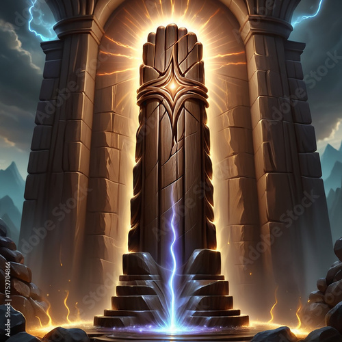Ancient mystical stone monolith glowing brightly with energy and lightning strikes within a grand stone archway, epic fantasy setting