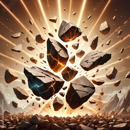 Powerful explosion of rocks and debris with bright energy beams radiating outwards, creating a dramatic and dynamic scene.