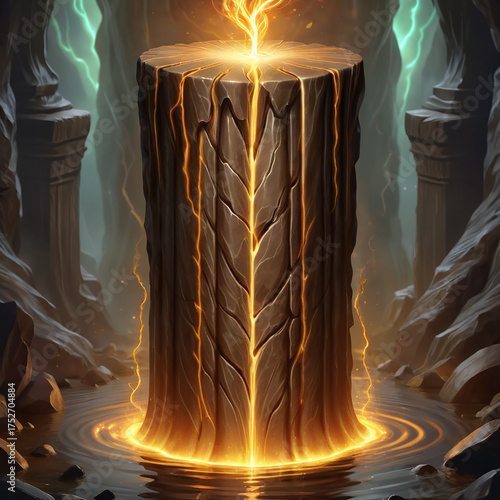 Mystical ancient wooden pillar glowing with bright orange energy in a dark, cavernous environment with water and lightning