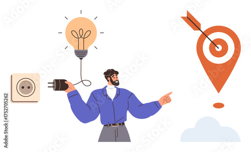 Man holding plug with lightbulb illustration and pointing at a target with an arrow. Ideal for innovation, vision, goals, focus, strategy, creativity, motivation. Simple flat metaphor