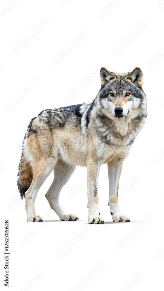 Fototapeta premium A gray wolf stands confidently, facing the viewer against a stark white background, exuding natural beauty
