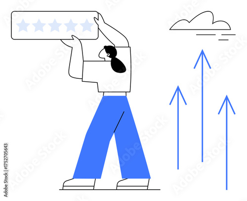 Woman holding five-star rating, surrounded by upward arrows and cloud. Ideal for growth, improvement, feedback, achievement, customer satisfaction, business success and quality. A simple flat