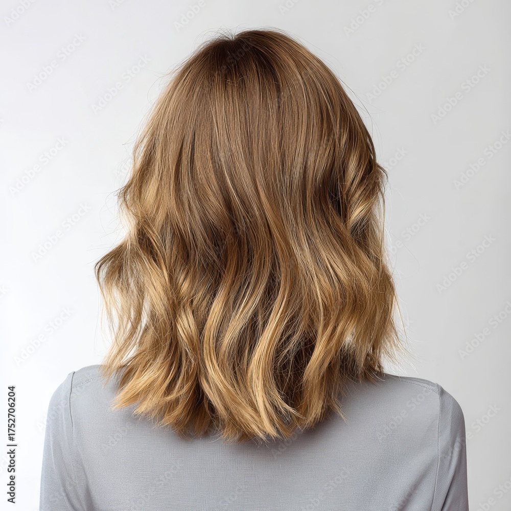 Fototapeta premium Back view of a woman with wavy brown hair showcasing a trendy and elegant hairstyle.