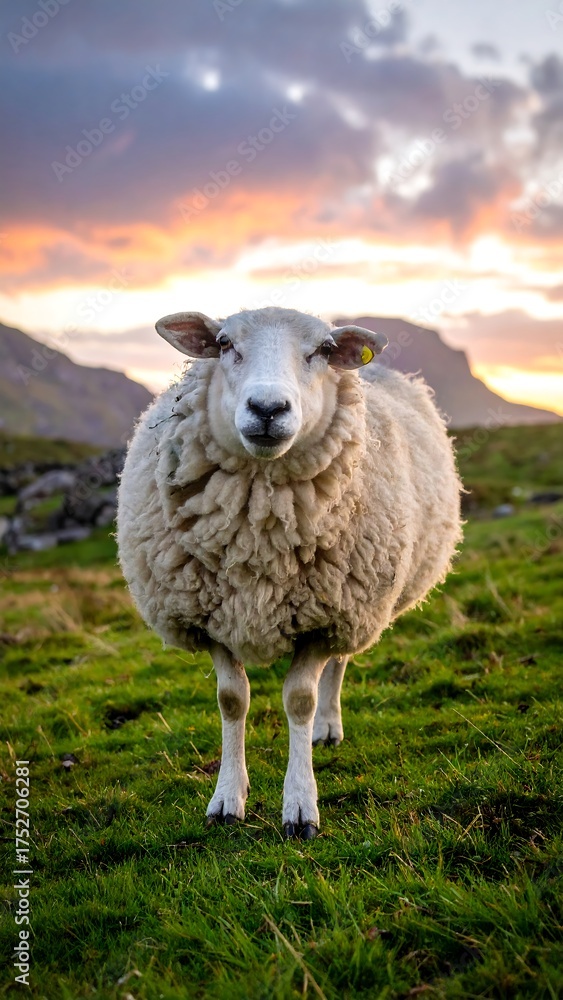 Fototapeta premium A lone sheep stands on grass in a field with mountains and a sunset sky in the background