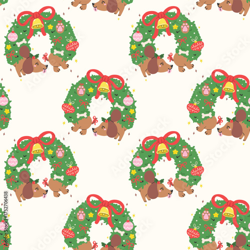 Cute Christmas Seamless Pattern Dachshund Dog Christmas wreath Sausage Dog Festive Repeat Wallpaper Hand Drawn Background
