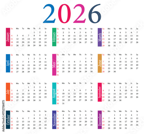 Colorful 2026 calendar grid with monthly divisions. 2026 calendar with all months