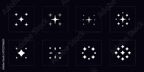 Collection of eight different white starburst and sparkle graphic elements on a dark background