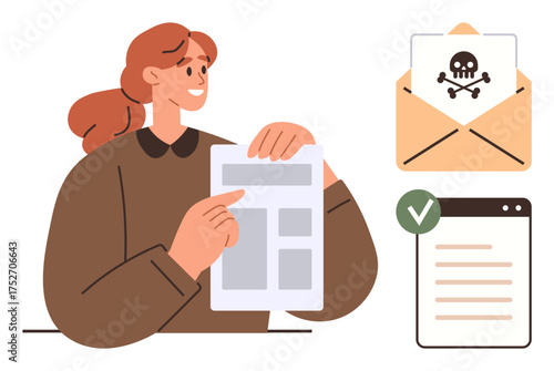 Woman checks document against digital threats represented by malware icon in envelope versus verified webpage approval. Ideal for cybersecurity, awareness, hazards, prevention, education, protection