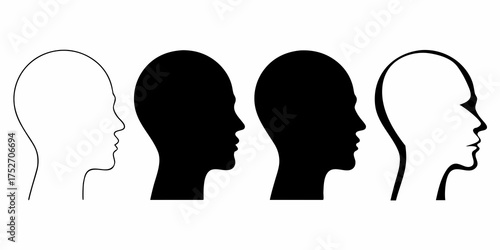 Four diverse human head profiles in silhouette and outline on a white background representing individuality and contrast