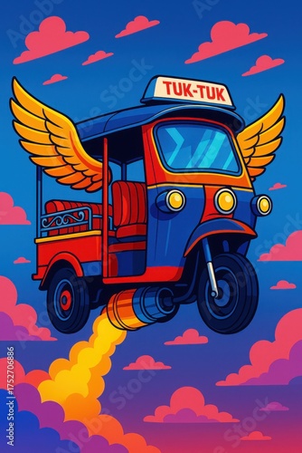 Flying tuk-tuk with wings in colorful sky
