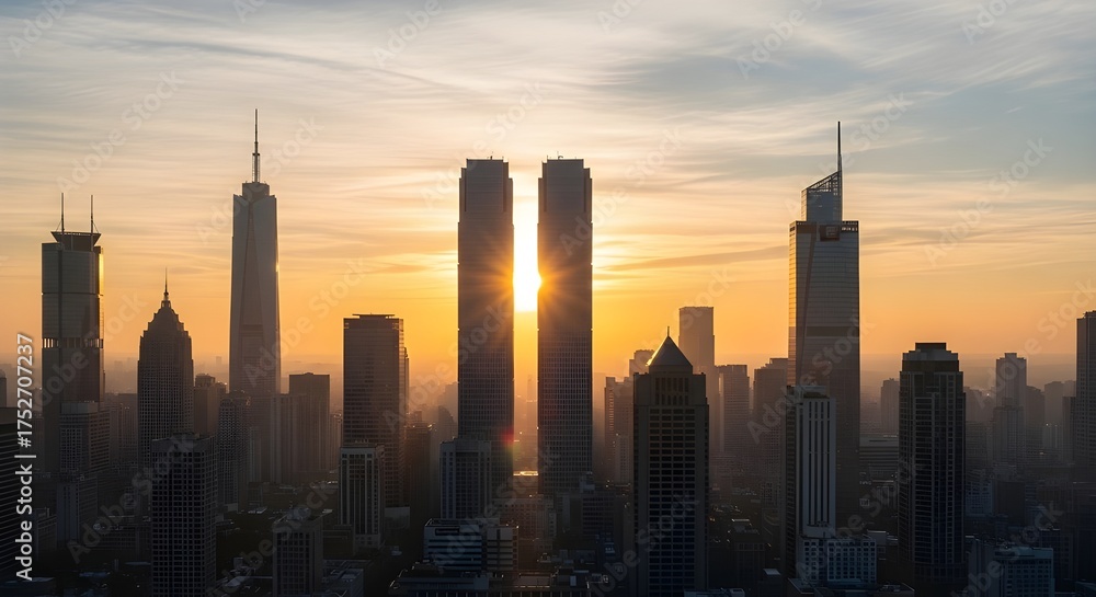 Obraz premium sunset over the city - Beautiful view of city skyscrapers at sunset, with golden sunlight filtering between tall towers, capturing the beauty of urban evenings.