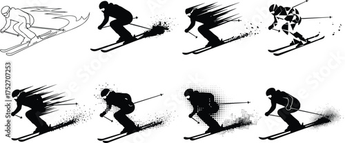 Skier motion illustration, dynamic sports graphic, winter athlete silhouette, speed effect artwork, abstract skiing design, snow sport vector, stylized skier poset