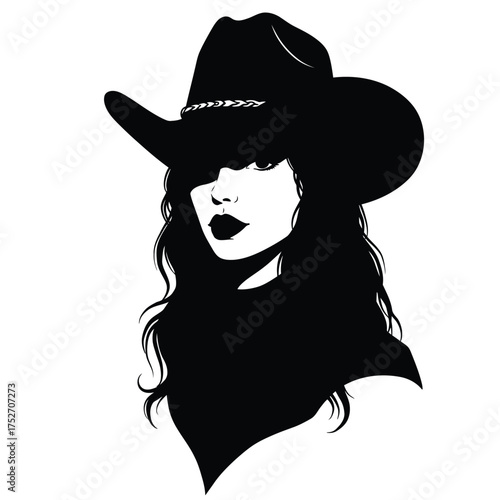 Stylish woman wearing black cowboy hat with long wavy hair and bold lipstick portrait silhouette