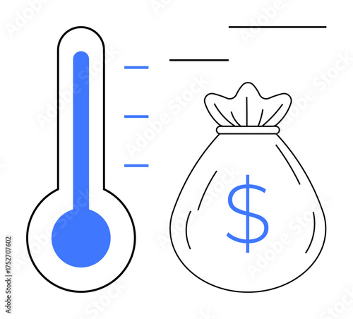 Vertical thermometer with progress lines beside a money bag displaying a dollar sign. Ideal for fundraising, financial goals, budget planning, donations, campaigns, investments, savings. Simple flat