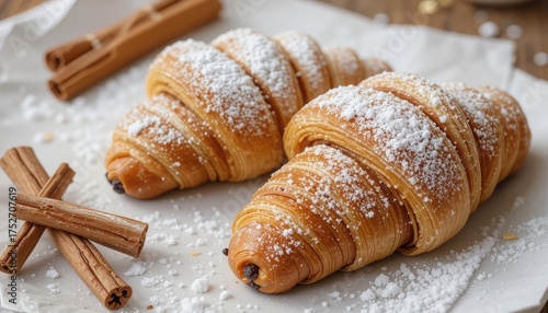 Close up Two Almond Croissants with Powdered Sugar and Cinnamon Sticks
