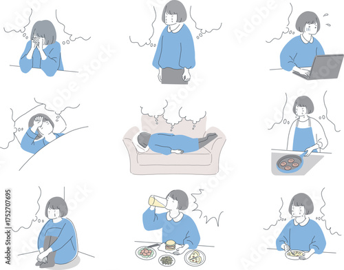 気分が落ち込む若い女性のふきだし付きイラストセット